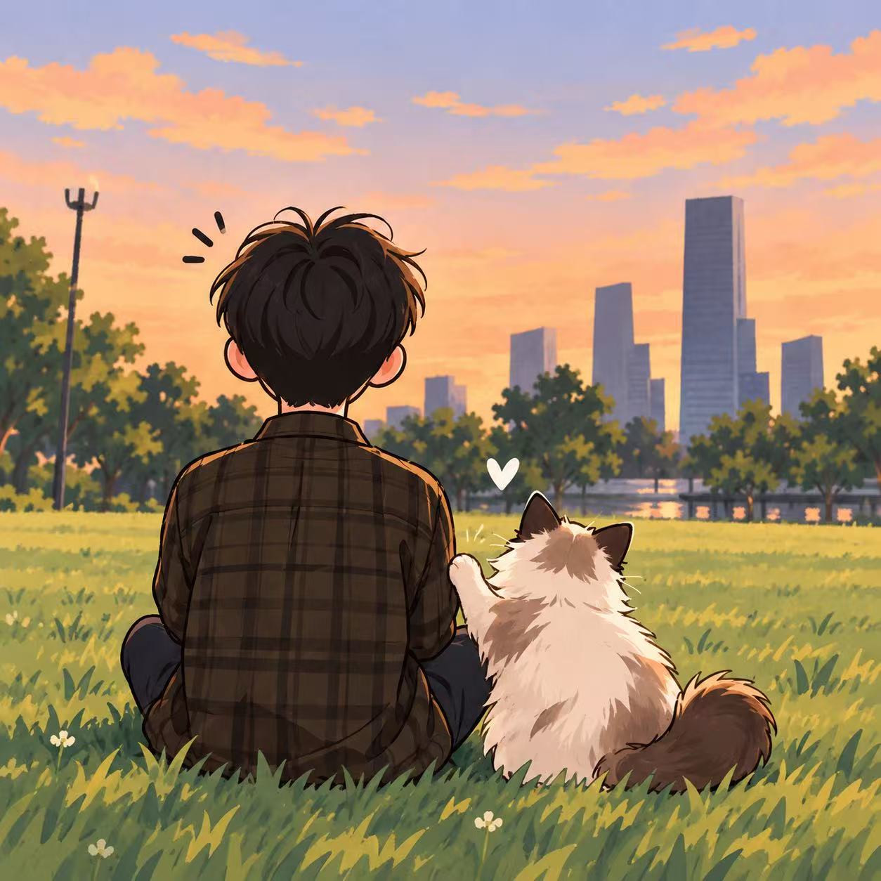 何涛的头像：夕阳下的男生与猫